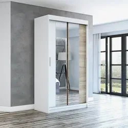 Schwebetürenschrank 120 cm mit Spiegel - Weiß/Braun - Moderner 2-türiger Schwebetürenschrank mit hochwertigem Aluminiumgriff, ideal für platzsparende Aufbewahrung und stilvolle Gestaltung. Maße: 120 cm Breite, 215 cm Höhe.