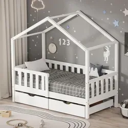 ML-DESIGN Spielbett Hausbett für Kinder, 70x140cm - Betten: Kreatives Hausbett aus massivem Kiefernholz mit 2 praktischen Schubladen für zusätzlichen Stauraum – ideal für Spiel und Schlafen im Kinderzimmer.
