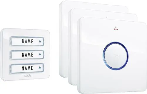 M-e modern-electronics 41097 Funkklingel Komplett-Set - Funkklingel Set mit optischer Anzeige in 3 Farben, erweiterbar und mit abschaltbarem Klingelton – ideal für Nachtruhe und individuelle Anpassung.