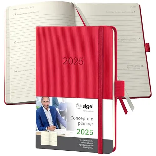 SIGEL C2565 Wochenplaner Wochenkalender 2025, ca. A6, rot, Hardcover, 176 Seiten, Gummiband, Stiftschlaufe, Archivtasche, aus nachhaltigem Papier, Conceptum