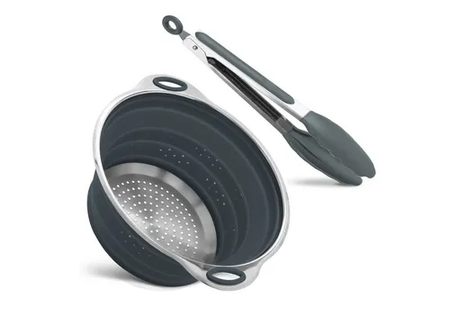 Camolo Faltbares Nudelsieb aus Silikon 23 cm mit Salatzange - Allzwecksieb aus hochwertigem Silikon und Edelstahl, klappbar für platzsparende Aufbewahrung und inklusive praktischer Salatzange.