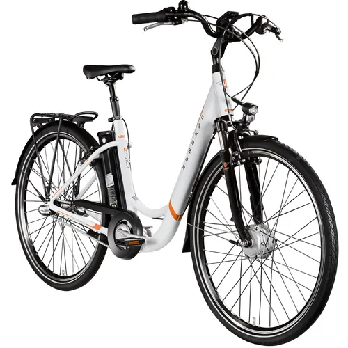 Zündapp Z510 700c E-Bike - Damen E-Cityrad in Weiß-Orange - E-Bike Cityrad für Damen mit 28 Zoll und Aluminiumrahmen, ideal für entspannte Fahrten in der Stadt. Ausgestattet mit Schutzblechen und Ständer für maximalen Komfort.