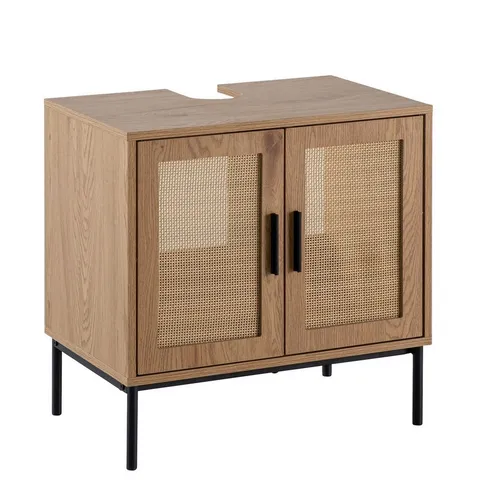Wohnling Waschbeckenunterschrank Eiche-Optik 60x60x40 cm - Unterschrank fürs Bad mit 2 Türfächern, ideal zum Verstauen von Handtüchern und Toilettenpapier. Das Rattangeflecht und die Eichenoptik verleihen Deinem Badezimmer einen natürlichen Charme.