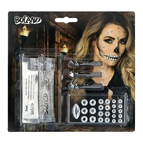 Boland 45096 - Schminkset Diamantschädel, 3 Schminkstifte, 1 Creme-Schminke Weiß, 1 Glitzergel und 25 Schmucksteine, Schminke, Set, Make-Up, Skelett, Schädel, Halloween, Karneval, Mottoparty