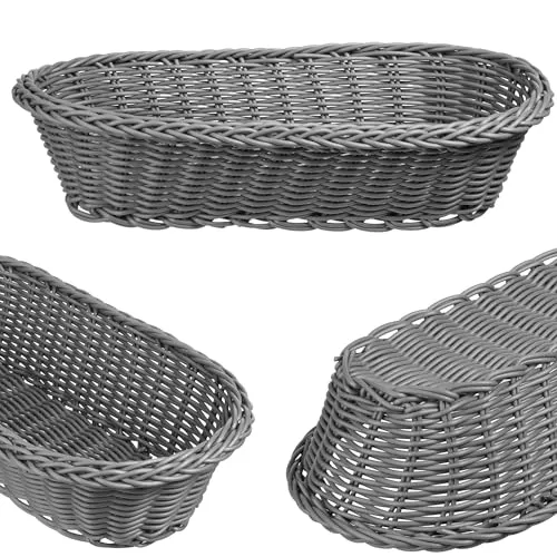 KADAX Geflochtener Korb, Brotkorb aus Polypropylen, Obstkorb, Lebensmittelkorb in 3 verschiedenen Farben, Frühstücks Flechtkorb, Besteckkorb, Aufbewahrungskorb (Grau, Länglich)