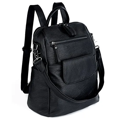UTO Rucksack Damen Elegant mit Schultergurt Modischer Multifunktionsrucksack Schultertasche Herren PU Leder Backpack Kompartiment Reißverschluss Umhängetasche Schule Schulrucksack Handtasche Schwarz