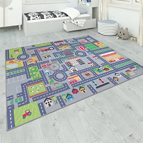 Paco Home Teppich Kinderzimmer Kinderteppich Spielteppich Straßenteppich rutschfest Mädchen Jungs, Grösse:140x200 cm, Farbe:Grau 2