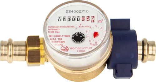 Einstrahlzähler ETK Kombi-Set (Warmwasser) bis 90 Grad Länge 80 mm, inkl. Verschraubung mit Pressanschluss 22 mm, Plombierschelle