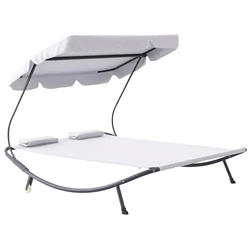 Outsunny Sonnenliege 200x175x134 cm - Cremeweiß - Moderne Doppelliege für Garten, Balkon oder Pool mit witterungsbeständigem Stahlgestell, verstellbarem Sonnendach und zwei Kopfkissen für optimalen Komfort.