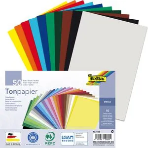 folia Tonpapier farbsortiert 130 g/qm - 50 Blatt, ideal für kreative Basteleien und Geschenkverpackungen, aus recyceltem Material