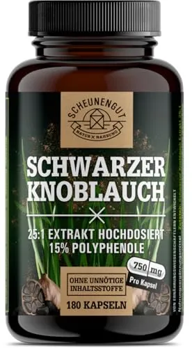 Scheunengut® Schwarzer Knoblauch 25:1 Extrakt 180 St - Nahrungsergänzungsmittel mit 25:1 Extrakt, unterstützt das Immunsystem und fördert die allgemeine Gesundheit - rezeptfrei und in praktischen Kapseln.