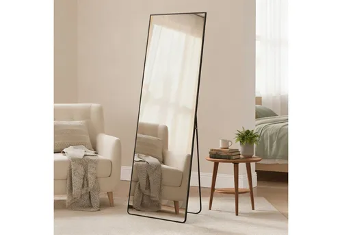 SONGMICS Ganzkörperspiegel 150 x 40 cm, schwarz – Stehend oder Wandmontage - Eleganter Ganzkörperspiegel 150 x 40 cm für einen vollständigen Outfit-Blick. Robustes Hartglas mit Sicherheitsfolie bietet Sicherheit. Vielseitig nutzbar: aufstellen oder anlehnen, keine Montage nötig.
