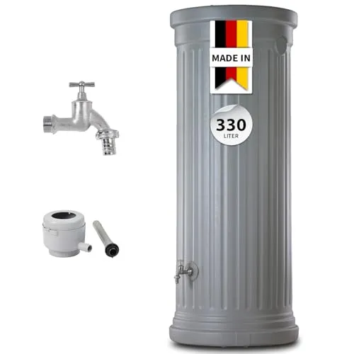 GARANTIA Regentonne Säulentank Komplett-Set 330 L steingrau - Regentonnen - stilvoller 330 L Deko-Regenspeicher in antikem Säulendesign, platzsparend und nachhaltig, inkl. Auslaufhahn und Fallrohrfilter für automatisches Befüllen.