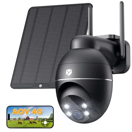 YESKANO 24/7 Aufnahme AOV 4G Überwachungskamera für den Außenbereich, kabellos, 2 K 3 MP virtuelle eSIM-Karte & 5 W Solarpanel 360° PTZ Kamera 4G, PIR-Erkennung, 20 m Nachtsicht, bidirektionales Audio