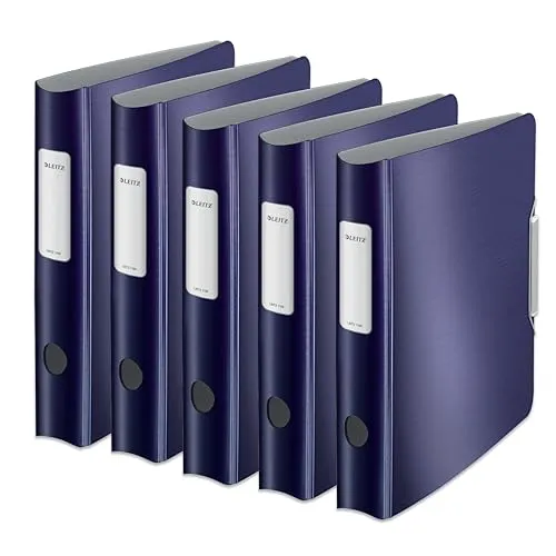 Leitz Qualitäts-Ordner 180° Active Style, 5er Pack, Titan Blau - 5x A4 Ordner mit 6,5 cm Rückenbreite, ideal für Zuhause und Büro. Patentierte 180°-Mechanik ermöglicht einfaches Abheften und sicheres Transportieren dank Gummibandverschluss.