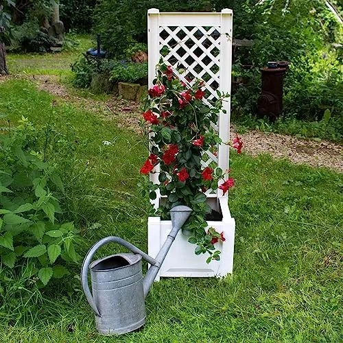 NYVI Pflanzkasten NYVIGreen 43x43x140 cm 44 Liter mit Spalier - Pflanzkübel aus wetterfestem & recyceltem Kunststoff - Blumenkasten - Pflegeleicht, Steckmontage ohne Werkzeug, Farbe:Weiß