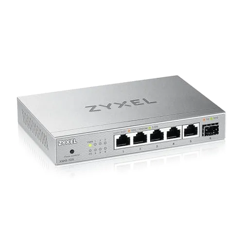 Zyxel XMG-105 MultiGig Switch - Unmanaged Switch mit 5 Ports (2,5G) und 1x 10G SFP+, ideal für schnelle Netzwerkverbindungen und hohe Datenübertragungsraten.