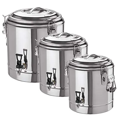 Doppelwandiger Thermogetränkebehälter 12 Liter Edelstahl - Thermobehälter für 12 Liter, ideal für Gastronomie. Mit Drip-Off-Hahn und Dichtung für sicheren Transport. Hält Getränke lange warm oder kalt.