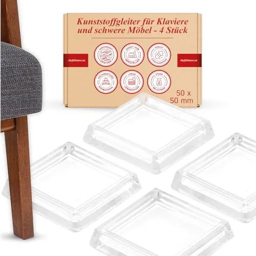 K.D.J. Brand Möbeluntersetzer, Klavieruntersetzer eckig transparent 4 Stück, 50 x 50 mm, Klavier Bodenschoner, Klavieruntersetzer Stuhlbeingleiter, Stuhlgleiter eckig – Made in Germany