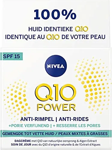 NIVEA Q10 Power Tagescreme - Tagespflege mit Q10 für glattere, jünger aussehende Haut. Bietet 24h Feuchtigkeit, verfeinert das Hautbild und mildert Falten. Ideal für straffe Haut und porenverfeinernd.
