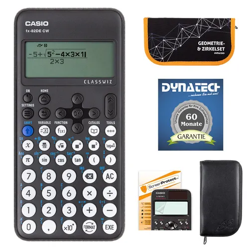 Casio FX-82 DE CW mit Schutztasche, Zirkelset orange, Displayfolie + Garantie