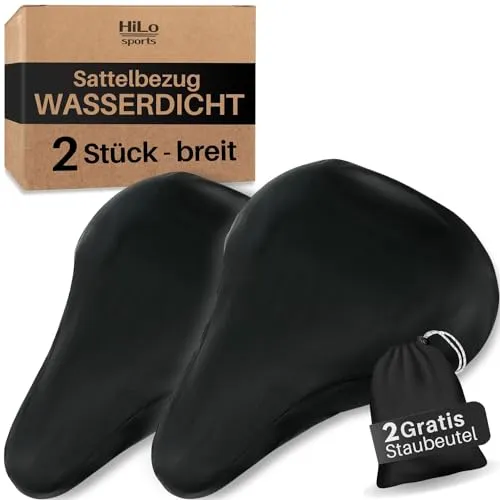 Hilo Sports 2 Stück Sattelbezug Fahrrad [wasserdicht & reißfest] - Breite Version in Schwarz - Fahrradsattel Überzug mit Aufbewahrungsbeutel - Regenschutz Fahrradsattel