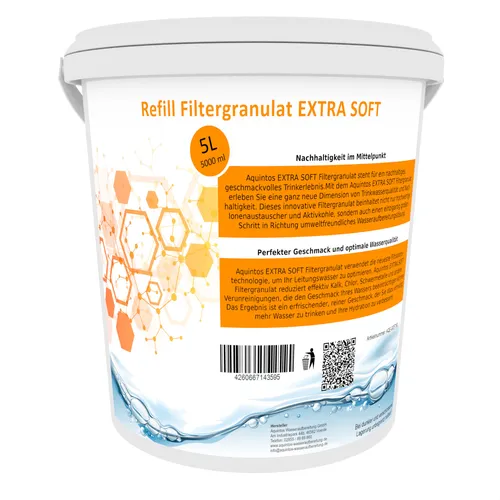 Aquintos EXTRA SOFT Wasserfilter Granulat - Refill für BWT und Aarke - Filter für BWT und Aarke Wasserfilter, reduziert Kalk und verbessert den Geschmack. Nachhaltig mit 5 Litern Nachfüllgranulat für mindestens 10 Befüllungen.