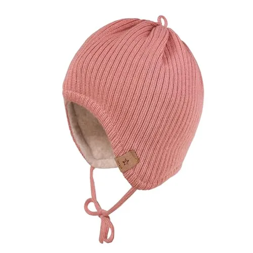maximo Baby's Mütze mit Fleecefutter - Rot/Rosa - Baumwollmütze mit Ohrenklappen, ideal für kalte Tage; Größe: 41-43 cm; kuscheliges Fleecefutter sorgt für Wärme und Komfort.