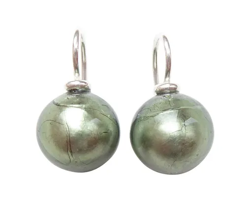 Mugello Paar Ohrhänger Murano graugrün Sterling-Silber hübsches Geschenk Office Büro, Handgearbeitetes Muranoglas mit eingearbeitetem Blattgold aus Italien