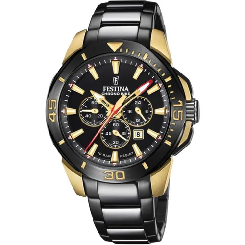 Festina Herren Analog Quarz Uhr F20644/1 - Hochwertige Armbanduhr mit schwarz-goldenem Edelstahlgehäuse, 10 bar wasserdicht – perfekt zum Schwimmen und Schnorcheln, ideal für stilbewusste Herren.