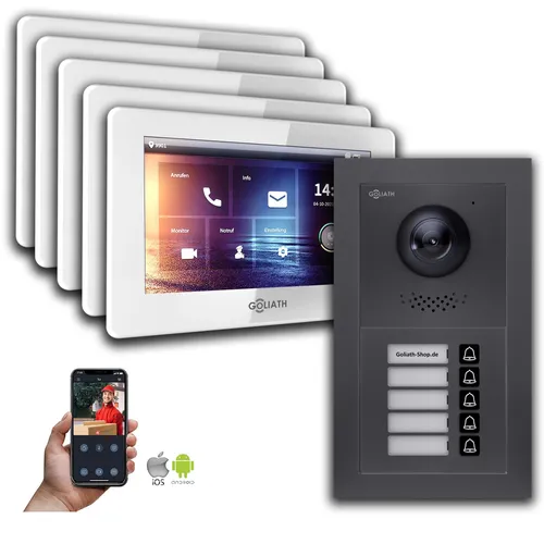Goliath IP Video Türsprechanlage für 5 Familienhäuser – 7 Zoll HD Monitor - Moderne Video-Türsprechanlage mit 7 Zoll HD-Display und 180° Weitwinkelkamera. Erleben Sie klare Kommunikation und Sicherheit durch innovative Funktionen und einfache App-Steuerung.