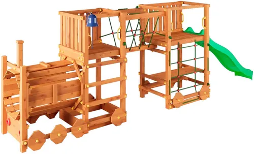Fungoo Loco Express Spielturm mit Rutsche und Dampflok-Tunnel - Klettergerüste für Kinder – Hochwertiger Spielturm mit 2,2 m Rutsche, Dampflok-Tunnel und kreativen Spielelementen für endlosen Spaß und kreative Abenteuer im eigenen Garten.
