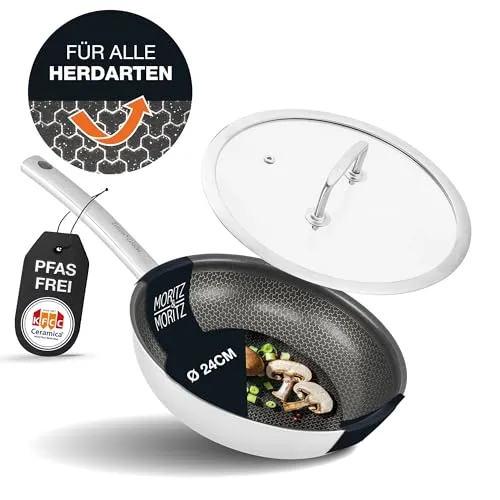 Moritz & Moritz Edelstahlpfanne 24cm mit Deckel - Hochwertige Edelstahlpfanne mit innovativer Wabenstruktur für optimale Hitzeverteilung und weniger Fett beim Kochen. Geeignet für alle Herdarten und mühelos zu reinigen.