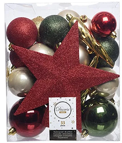 ETC dekorativer bruchfester Kugelmix mit Sternspitze als 33er Set Weihnachtskugeln Baumkugeln bruchfest für innen und außen (rot-grün-Perle)