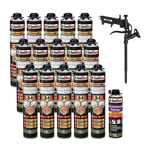 Isolbau Mauermörtel Set: 15x 750 ml PU-Mörtel mit Pistolenreiniger und Teflon Schaumpistole - Kartuschenpressen-Set für schnelles und präzises Mauern. Ideal für Trag- und Trennwände, witterungsbeständig und sofort gebrauchsfertig. Perfekte Bindung nach 2 Stunden!