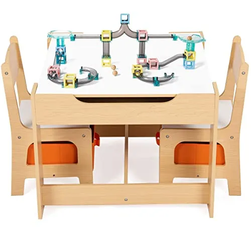 DREAMADE Kindertisch mit 2 Stühlen, 3tlg. Kindersitzgruppe Holz, Kindersitzgarnitur mit Tafel und Stauraum, Kinder Malttisch mit Tafel, Schreibtisch Stuhl Kindermöbel, Kindersitz Set (Natur)