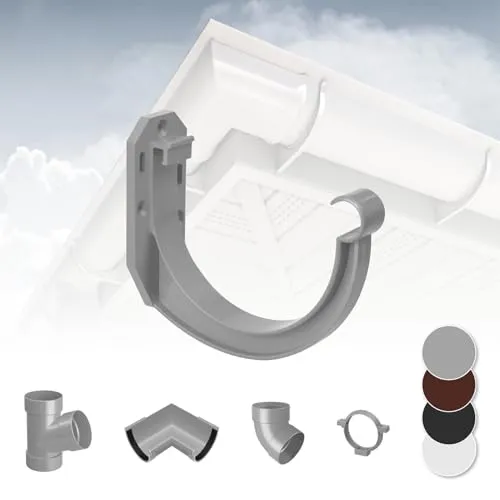 RAINWAY S Regenrinnen System (Rinnenhalter grau) - PVC-U Kunststoff in 4 Farben, für Dachflächen < 100m² empfohlen, Wandhalterung Haken Halterung