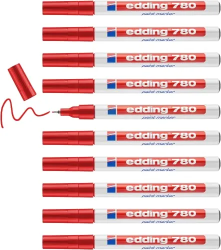 edding 780 Lackmarker - 10 Stifte in Rot, 0,8 mm Rundspitze - Permanent-Marker für präzise Markierungen auf Metall, Glas und Kunststoff; hitzebeständig bis 400 °C, ideal für kreative Projekte und langlebige Ergebnisse.