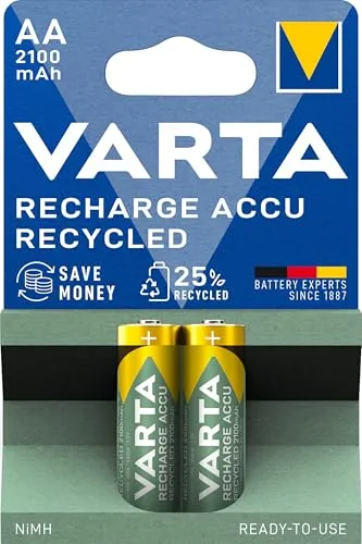 VARTA Batterien AA, wiederaufladbar, 2 Stück, Recharge Accu Recycled, Akku, 2100 mAh Ni-MH, aus 21% recyceltem Material, vorgeladen, sofort einsatzbereit