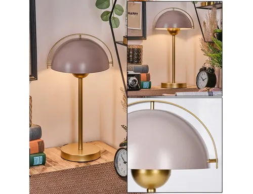Hofstein Tischleuchte im Retro-Design - Moderne Tischlampe aus goldfarbenem Metall mit taupefarbenem Schirm. Ideal für Arbeitszimmer und Wohnzimmer, bietet sie stilvolle Beleuchtung und einen praktischen Schalter am Kabel.