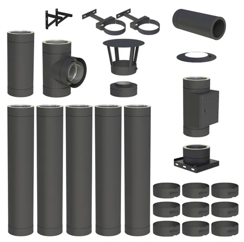 6,2 m Edelstahlschornstein Ø 130 mm Komplettset doppelwandig DW-Black - Komplettset für doppelwandige Wandmontage, ideal für Öl-, Gas- und Holzfeuerstätten. Mit robustem Edelstahl und passgenauen Steckverbindungen für eine einfache und schnelle Montage.