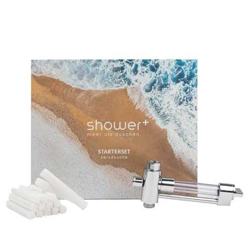 shower+ Salzdusche Starterset mit Mittelmeersalz - 💧 Ideal für empfindliche Haut – Unterstützt eine sanfte Reinigung und sorgt für ein angenehmes Duscherlebnis. In nur 3 Minuten integriert, perfekt für die tägliche Pflege. 🚿 Mit Duschfilter-Effekt für weicheres Wasser und ein gepflegtes Hautgefühl.