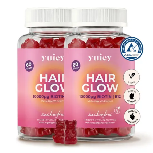 yuicy® Hair Glow - Biotin Gummibärchen für gesunde Haare - Schöne Haut, Schöne Haare, Schöne Nägel – Hochdosiertes Biotin (5.000 µg) für gesundes Haarwachstum, vegan und zuckerfrei, ideal für deine tägliche Beauty-Routine.