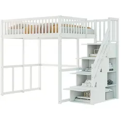 Hochbett(Weiß)140x200cm mit Sicherheitsaufbewahrungsleiter, Sicherheitsumrandung,Bettgestell aus massiver Kiefer,Geeignet für Kinder,Jugendliche - Weiß