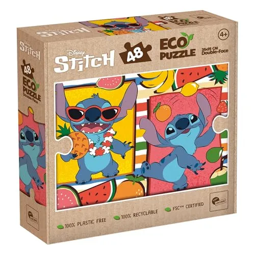 Lisciani - Puzzle Disney Stitch - 48 Teile Doppelseitiges Puzzle für Kinder ab 4 Jahren - Rückseite Zum Ausmalen - Format 25x35 cm - Kreative Aktivität Stitch - Geschenkidee zum Geburtstag