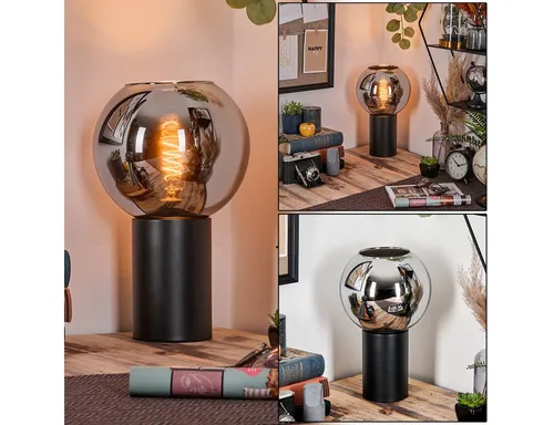 Hofstein Tischleuchte im Retro/Vintage-Design - Elegante Tischlampe aus Metall und Glas in Schwarz, Chrom und Rauchfarben. Ideal für Wohn- und Arbeitsräume, sorgt für stilvolle Beleuchtung. E27-Fassung für individuelle Leuchtmittel.