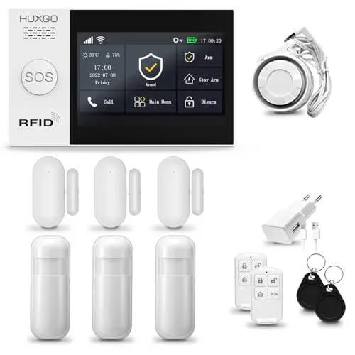 HUXGO® HXA007 Alarmanlage fürs Haus WiFi + GSM Set mit Sirene | Funk Alarmanlage Wohnung mit App. TUYA |Alarm System mit 3X Bewegungssensor, 3X Fensteralarm/Türsensoren | Smart Home