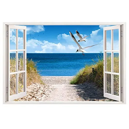 Leinwandbild mit Fensterblick – Strand mit Möwen 60 x 40 cm - Keilrahmen mit Druck