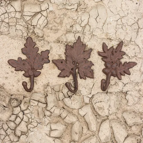 Garderobenhaken im Set, Gusseiserner Kleiderhaken in antikbraun als Eiche, Ahorn