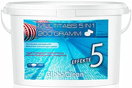 GlobaClean Chlor Multitabs 5 in 1-200g Chlortabletten für Pool - 3kg - 5-Phasen Wirkung für sichere und saubere Poolpflege - Made in Europe - für kristallklares und hygienisches Poolwasser